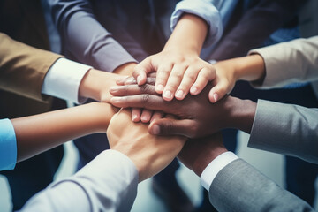 A close up top view shot of multinational business people joining hands together, teamwork build up concept. Generative AI.