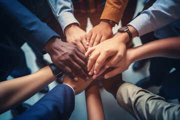 A close up top view shot of multinational business people joining hands together, teamwork build up concept. Generative AI. - obrazy, fototapety, plakaty