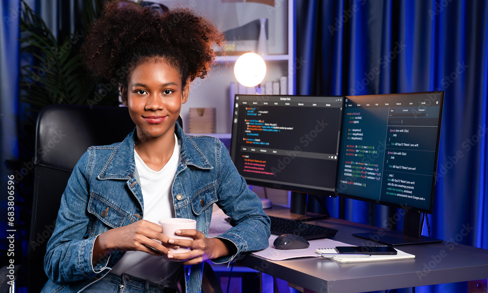 Poster young african wearing jeans shirt, it developer presenting program on computer screens displaying co