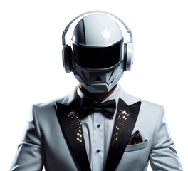 dj white suit futuristic helmet partying black background 