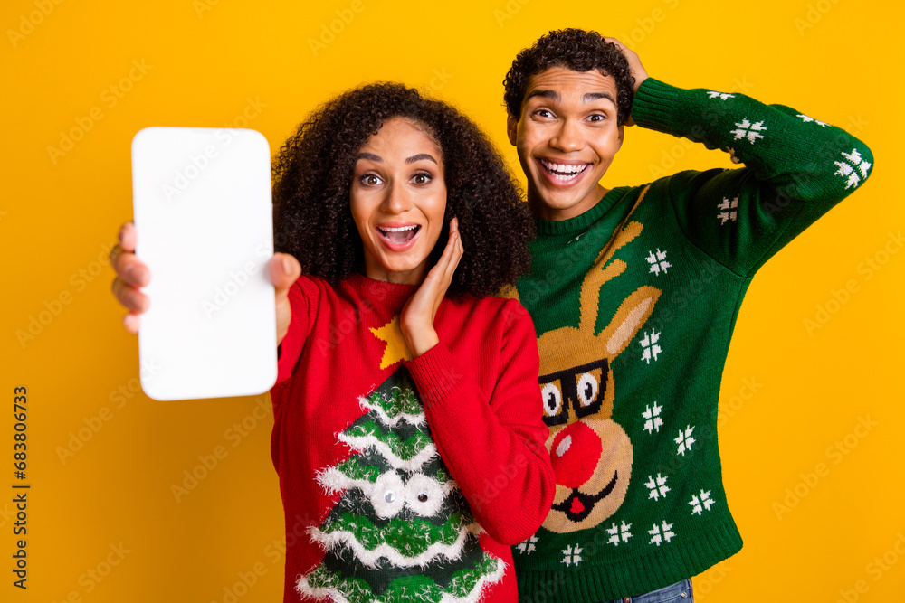 Sticker portrait of two funny impressed american people show empty space smart phone display x-mas offer iso