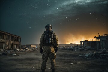 A man wearing a gas mask and a military uniform against the background of destroyed buildings in the city at night. Post-apocalypse world.