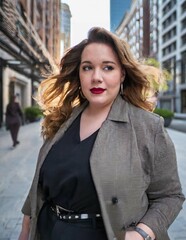 Fashionable curvy woman walking downtown looking fierce.