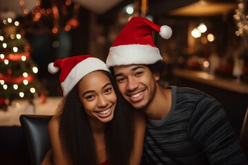 Fototapeta na wymiar Portrait of a happy young African-American couple at a Christmas party.