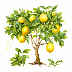 Watercolor Lemon tree Clipart isolated on white background