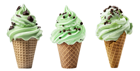 Mint Chocolate Chip Soft Serve Ice Cream Set on Transparent Background