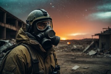 post-apocalypse A man wearing a gas mask against the background of destruction and the northern lights.