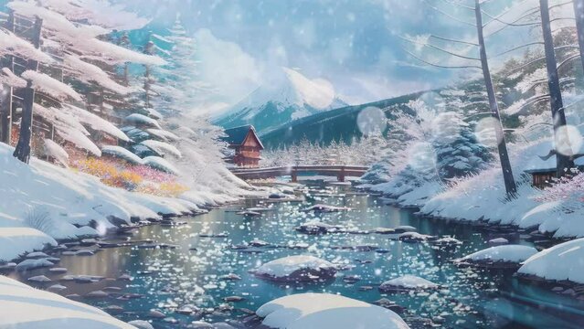 winter landscape in the mountains. Cartoon or Japanese anime illustration painting style. seamless looping 4K virtual video animation background.