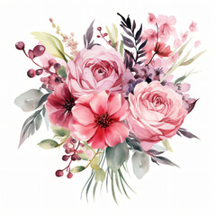Watercolor pink bouquet Clipart isolated on white background