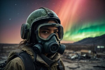 A man wearing a gas mask and a military uniform against the background of destroyed buildings in the city of Northern lights at night. Post-apocalypse world.