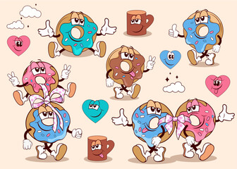 set of cute cartoon in style retro groovy coffee cups and donuts. vector illustration.  cute happy and cute donuts with heart and coffee beans. hand - drawn illustration