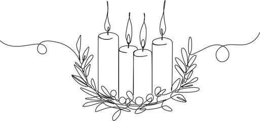 continuous single line drawing of advent wreath with four candles burning, christmas concept line art vector illustration