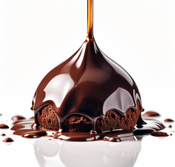 Bombom de chocolate coberta com uma deliciosa calda de chocolate, isolado, visto de perto.