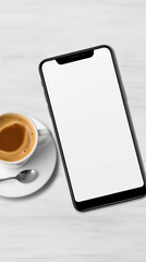 blank screen generic smart phone mock up on isolated  white background with av coffee cup , vertical orientation 9:16
