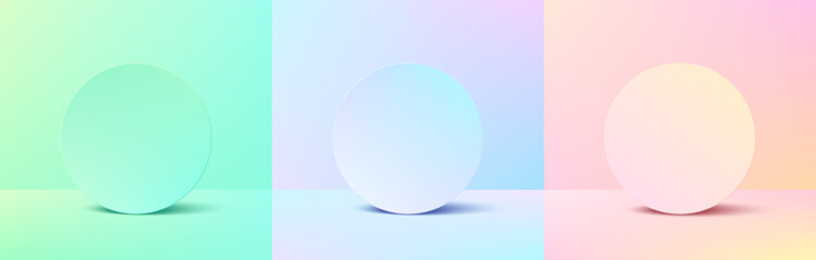Set of green, blue, pink, yellow 3d circle podium background. Circle backdrop frames gradient color in minimal style. Abstract vector geometric platforms design. Stage showcase for cosmetic product. - obrazy, fototapety, plakaty
