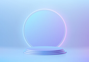3D background with blue hologram cylinder pedestal podium and neon ring lighting wall scene. Platforms mockup product display presentation. Abstract composition in minimal design. Stage for showcase.