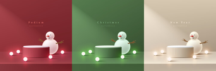 Set of 3D christmas podium background in red, cream and green color with neon ball and snowman decorate. Mockup product display. Mery christmas and new year minimal scene. Abstract composition design.