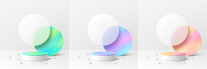 Set of 3D white cylinder podium background with circle overlap in green, blue, pink and white wall scene. Platforms mockup product display presentation. Abstract pedestal composition minimal design.