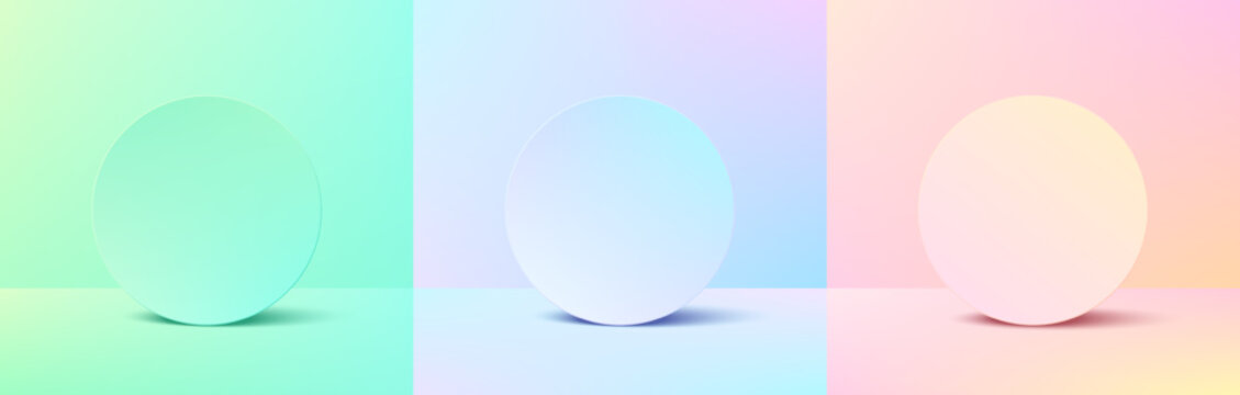 Set of green, blue, pink, yellow 3d circle podium background. Circle backdrop frames gradient color in minimal style. Abstract vector geometric platforms design. Stage showcase for cosmetic product.