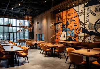 Interior of a Stylish Restaurant with Colorful Wall Art, Inviting Ambiance, and Chic Decor