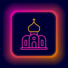 Glowing neon line Church building icon isolated on black background. Christian Church. Religion of church. Colorful outline concept. Vector