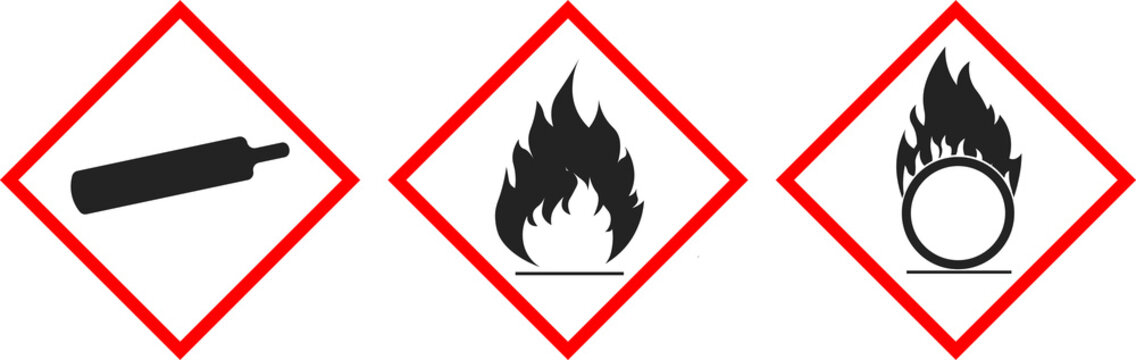 Bundle set isolated safety sign of flammable material, corrosive oxidizing agent substance, high pressure bottle tank for safety, danger, industrial sign