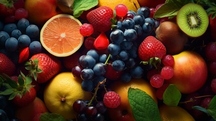Naklejka na ściany i meble fruit mix, realistic photography, colorful background, detailed, 16:9