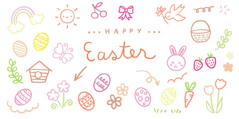 Hand drawn cute and colorful scribble doodle easter set with eggs, flowers, sun, bunnies, bird, bow, branches. Spring and summer vibes stickers. Children arts. Handwritten text happy Easter.
