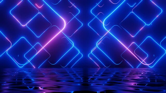 Neon Design blue purple pattern form wall. 4K video with various neon elements and a reflecting floor. Looped 3d render. Glowing Neon: 4K colorful geometric shapes and a mirror effect
