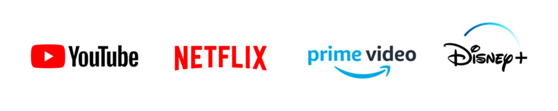 Popular streaming services company logo set. Netflix, paramount, disney, youtube, prime video. Rivne, Ukraine - November 20, 2023