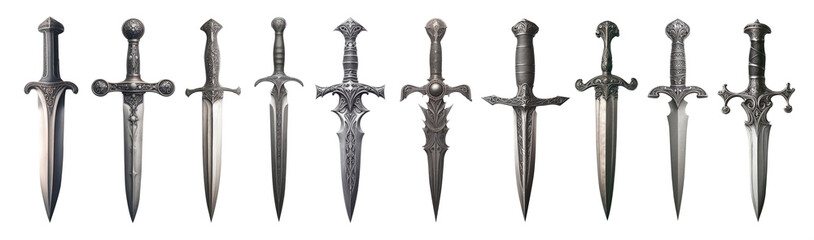 set of vintage daggers, knives, stilettos - fantasy daggers - isolated transparent PNG premium pen tool cutout - obrazy, fototapety, plakaty