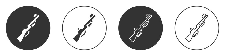 Black Hunting gun icon isolated on white background. Hunting shotgun. Circle button. Vector - obrazy, fototapety, plakaty