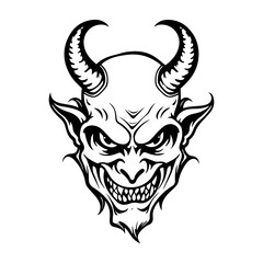 Silhouette devil face icon. Vector illustration design. tattoo and t-shirt design black and white hand drawn horned devil head face Demon head, Devil horn mask Scary mask isolated on white