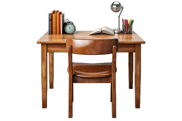 Wooden Desk with Chair and Lamp on transparent Background