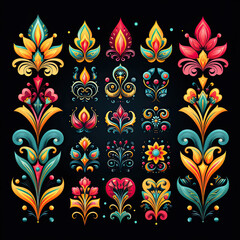 Vector set of indian paisley elements on black background. Vector set of ornate floral elements for design in Eastern style.