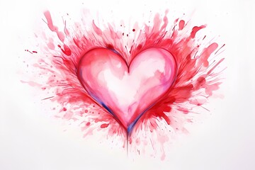 A red heart with splashes of paint, a watercolor drawing on a white background.