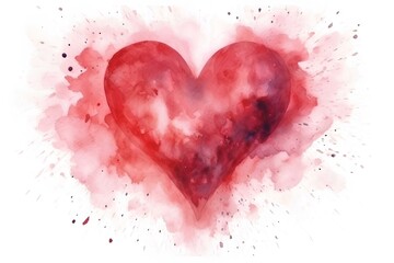 A red heart with splashes of paint, a watercolor drawing on a white background.