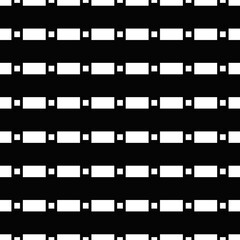 Big and small white quadrangles repetition on black background. Seamless surface pattern design with squares and rectangles ornament. Polygons wallpaper. Dashed and dotted lines motif. Digital paper.