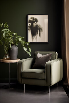A poster with a black frame on a dark green wall above a modern muted green armchair with a gray cushion, branches with green leaves in a black vase on a coffee metal table with a wooden tabletop.