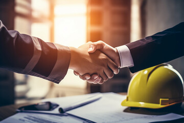 Shot of handshake between architect and engineer construction worker after meeting agreeing in corporate deal with safety helmet blueprint on background. Generative AI. - obrazy, fototapety, plakaty