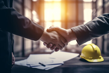 Shot of handshake between architect and engineer construction worker after meeting agreeing in corporate deal with safety helmet blueprint on background. Generative AI. - obrazy, fototapety, plakaty