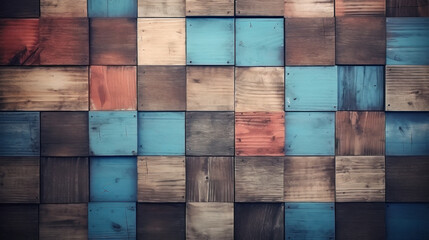 Colorful wood square texture for a backdrop, Colorful wood block stack on the wall for background,...