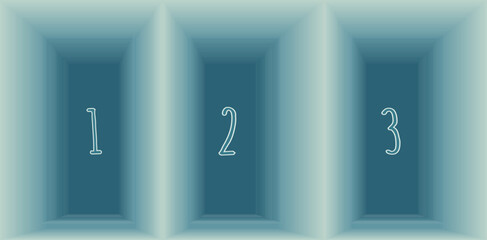 3D abstract horizontal blue background. Paradox probability theory. Correct choise of door with numbers. Vector illustration. 