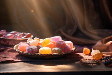 Oriental sweets of different colors on a plate in the sunlight