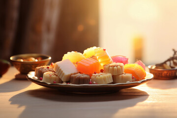Oriental sweets on a plate in the sunshine - obrazy, fototapety, plakaty