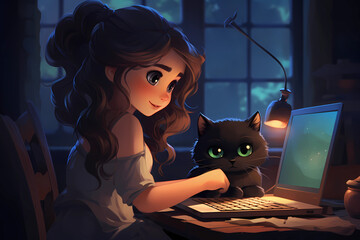 The girl with the black cat in front of the computer.