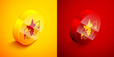 Isometric Car accident icon isolated on orange and red background. Insurance concept. Auto accident involving two cars. Circle button. Vector