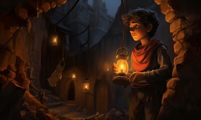 cartoon illustration a little turkey boy and magic lantern