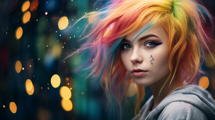 Artistic digital portrait of a teenage girl, creative makeup with glitter, rainbow hair, expressive...