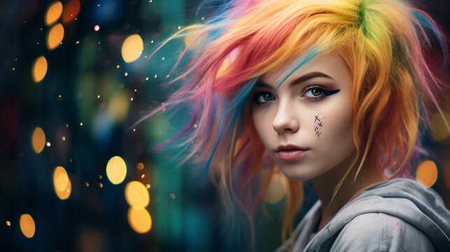 Artistic digital portrait of a teenage girl, creative makeup with glitter, rainbow hair, expressive eyes, urban graffiti background - Powered by Adobe